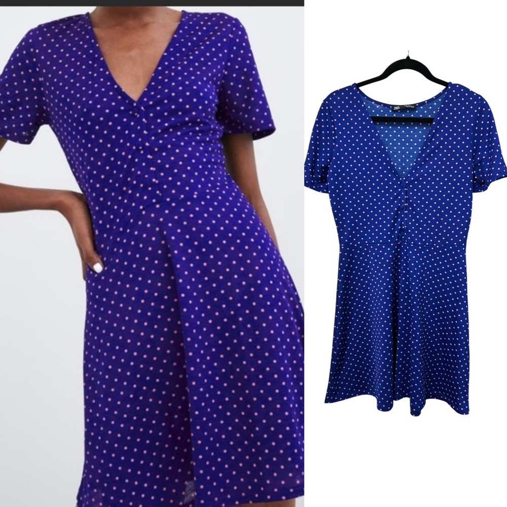 Zara Navy Blue Dress with Pink Polka Dots | V-Neck | Size M